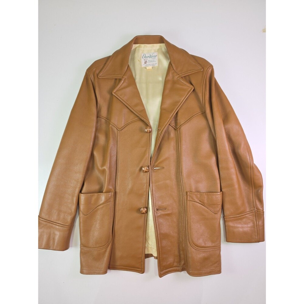 VTG 70s DeerWear Deerskin Leather Car Coat Jacket Mens 42 Western USA Sport Togs